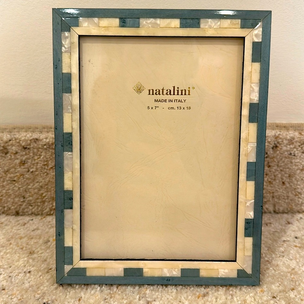 Natalini Italian Wood 5” x 7” cream dusty teal grey wood inlay picture frame